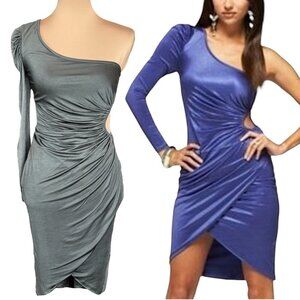 VTG BEBE Mini Dress Sz.XS Grey Jersey One Sleeve Side Cut Out Revenge Dress Sexy